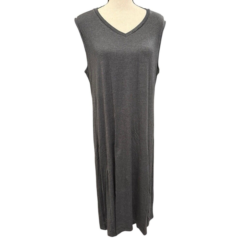 EILEEN FISHER V-NECK TANK DRESS JERSEY MIDI CHARCOAL LRG Stretchy Comfort Women